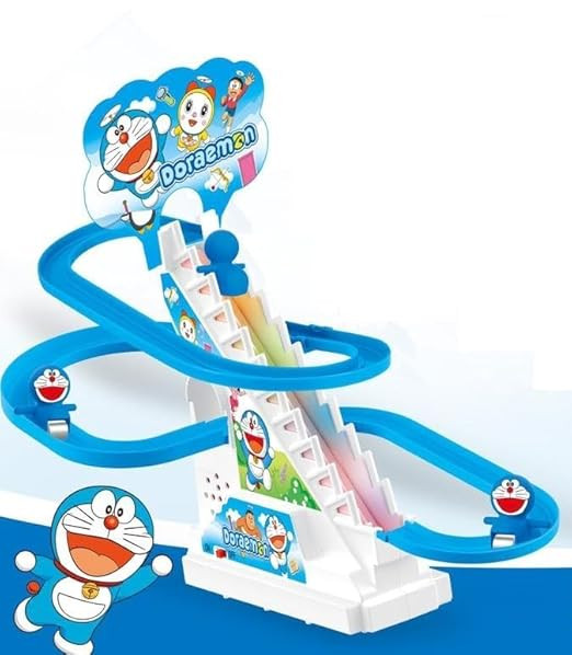 MOROVIK Duck Slide Toy Set, Funny Automatic Stair-Climbing Ducklings Cartoon Race Track Set Little Lovely Duck Slide Toy Escalator Toy with Lights and Music (Duck Slide) (DOREMON Track Racer)